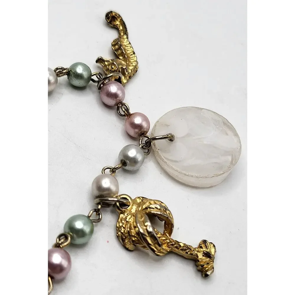 Vintage Charm Bracelet Ocean Nautical Seahorse Palm Trees Alligator Fish Pearl - Picture 6 of 11